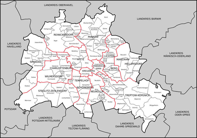 Berliner Ortsteile auf einer großen Karte