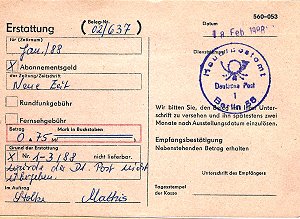 Erstattungs-Mitteilung der Deutschen Post der DDR