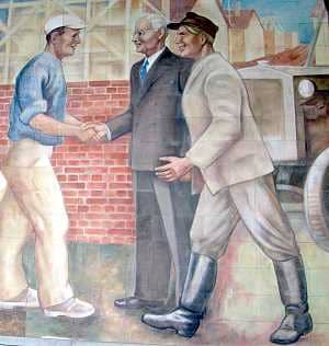 Wandfries von Max Lingner: Der Arbeiter, der Bauer und der Wissenschaftler
